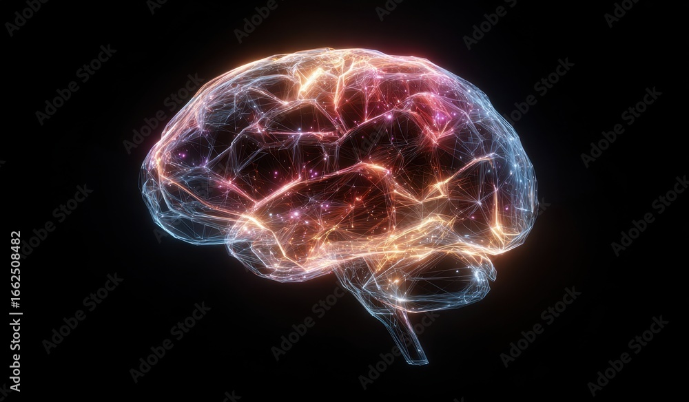 Poster colorful neural network brain illustration with digital connections and data flow
