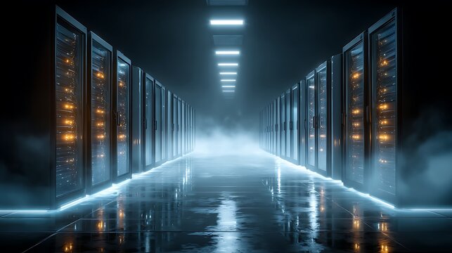 Futuristic AI cloud computing server room glowing blue in center, modern data center, high-tech network, digital storage, technology innovation, cyber security, futuristic IT solutions.