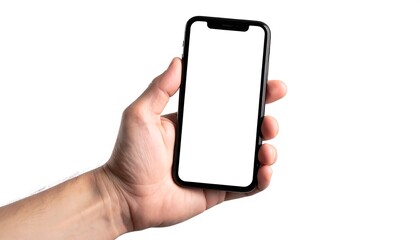 Male hand holding a modern black mobile device with a blank white screen. Mockup template for a mobile application or website design on an isolated background