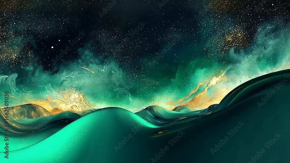 Poster vibrant abstract ocean waves under a starry sky, creating a mesmerizing and tranquil atmosphere