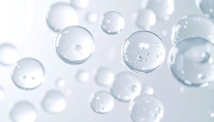 Transparent Water Bubbles or Hyaluronic Acid Drops on Clean White Background for Cosmetic Product Background
