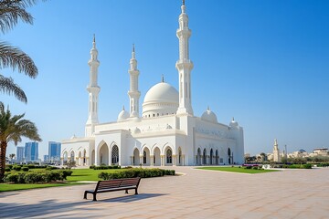 Beautiful Sheikh Zayed Mosque in Abu Dhabi with Bench and Clear Blue Sky