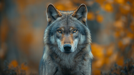 Obraz premium Lobo em um Bosque no Outono