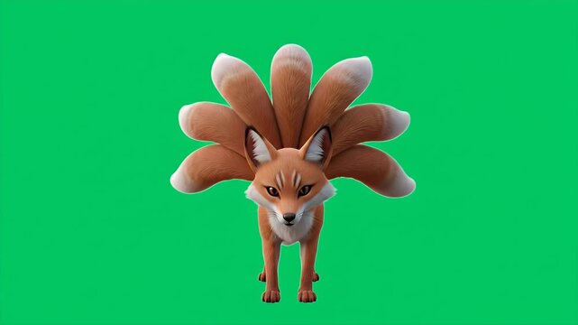 Mystical Cartoon Nine-Tailed Fox (Kitsune) Walking on Green Screen, Japanese Folklore Creature