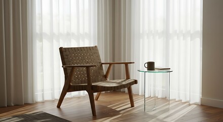 Fototapeta premium Modern Interior with Woven Chair, Glass Table, Coffee Cup, and Curtains