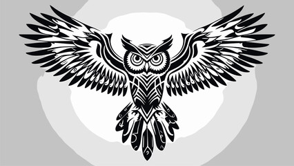 Fototapeta premium Intricate Stylized Owl Illustration with Spread Wings. Black and White Vector Design for Logo, Tattoo, or Graphic Element.