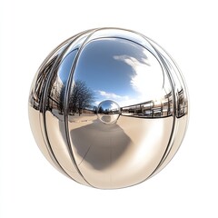 Highly polished, chrome sphere reflecting a cityscape