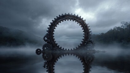 Rusty gears form a circular portal over a misty lake