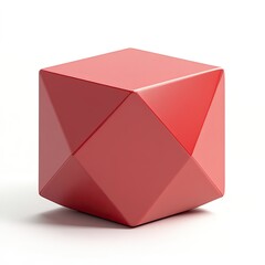Red, geometric,  faceted cube shape, isolated on white background