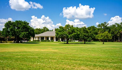 Naklejka premium Spacious house in a sunny grassy field