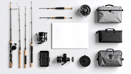 Top view flat lay of organized modern fishing tackle and equipment, including rods and reels, with a blank white card for mockup copy space