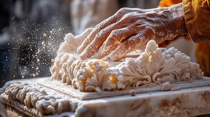 Sculpting marble, hands shaping intricate design