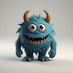 Fototapeta premium Adorable Blue Monster with Googly Eyes and Horns Stands on a White Background Smiling Widely