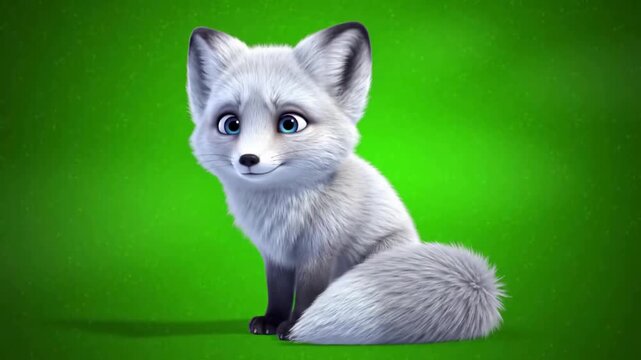 Adorable animated silver fox character sitting against a vibrant green background, playful and engaging