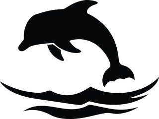 Obraz premium Silhouette of a dolphin leaping out of stylized waves in black and white