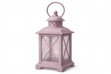 Pink metal lantern glowing softly, candlelight casting warm illumination against transparent backdrop