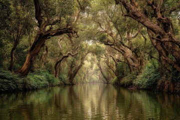 Tranquil waterway through a canopy of ancient trees. Lush, green foliage arches over a calm river