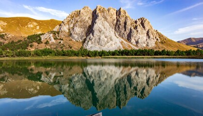 Stunning Reflection Majestic Mountain and Serene Lake Landscape Under a Clear Sky