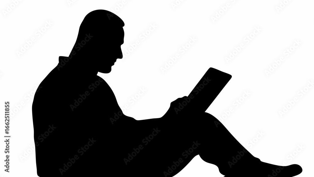 Poster silhouette of a man sitting down and reading a tablet with a white background in a studio setting im