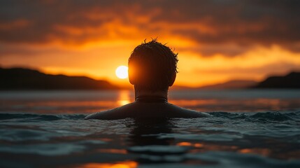 Silhouetted figure in water, sunset view