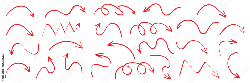 Poster set of simple lines hand drawn black arrows in various style. set of simple of hand drawn black arro