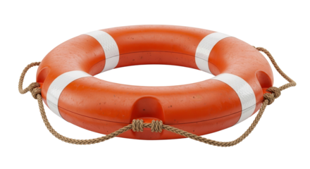 Orange lifebuoy with white stripes and rope isolated PNG with Transparent Background