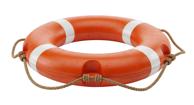 Orange lifebuoy with white stripes and rope isolated PNG with Transparent Background