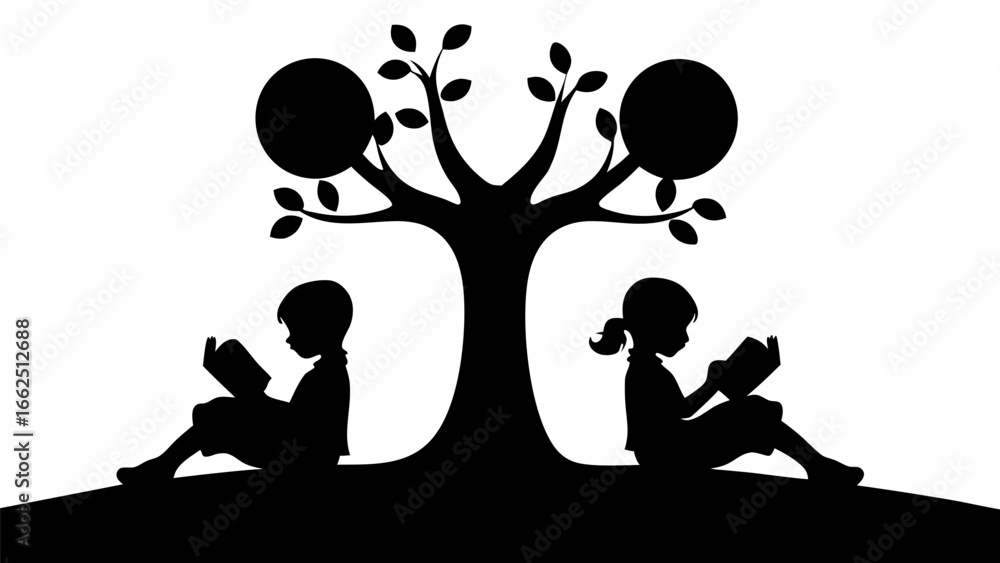 Poster silhouette of children reading books under a tree with round shapes on branches in black and white d