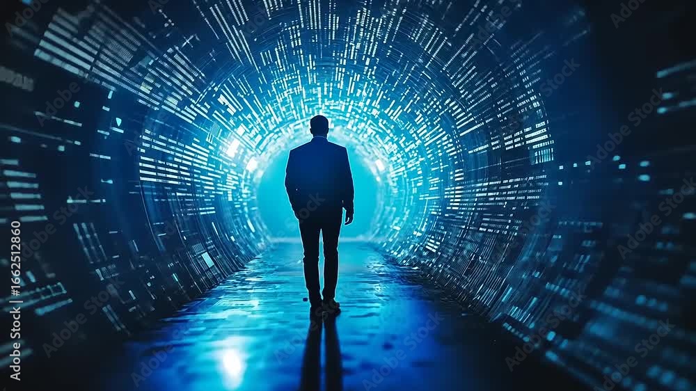 Poster silhouette of a person walking through a futuristic digital tunnel with glowing data streams