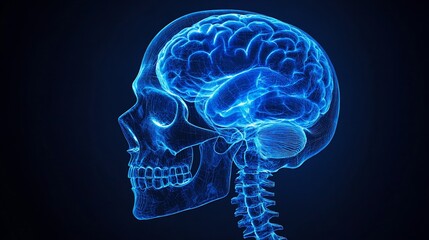 Skull with brain illustration in blue, showcasing anatomy, spine, & side profile