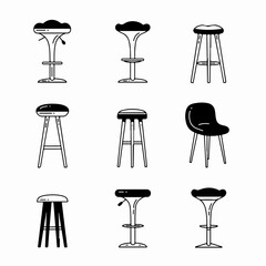 Collection of bar stools and high chairs in various modern and classic designs, presented as clean black and white outline icons.