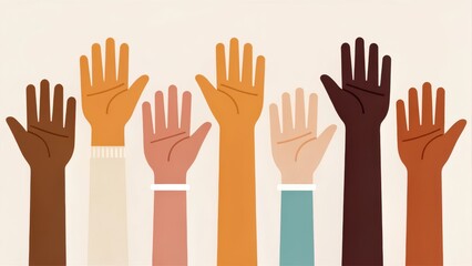 Diverse group of raised hands with different skin tones symbolizing unity equality and community participation