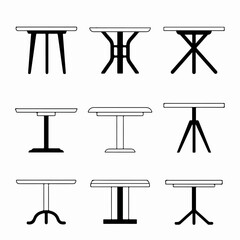 A collection of nine minimalist black and white table icons illustrating diverse furniture designs and styles.