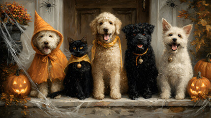 Adorable cats and dogs donning spooky Halloween costumes sit together on a porch adorned with cobwebs, pumpkins, and autumn leaves, surrounded by festive ambiance.
