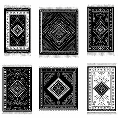 A collection of black and white tribal rug patterns with intricate ethnic designs and fringes, showcasing traditional bohemian style illustrations.