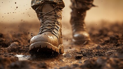 Soldier's boots trudging through muddy terrain