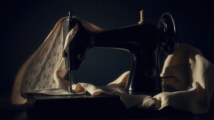 Antique sewing machine with draped fabric in moody light
