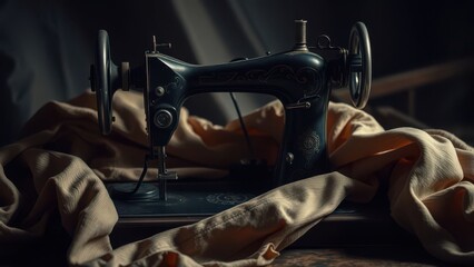 Antique sewing machine with draped fabric in moody light
