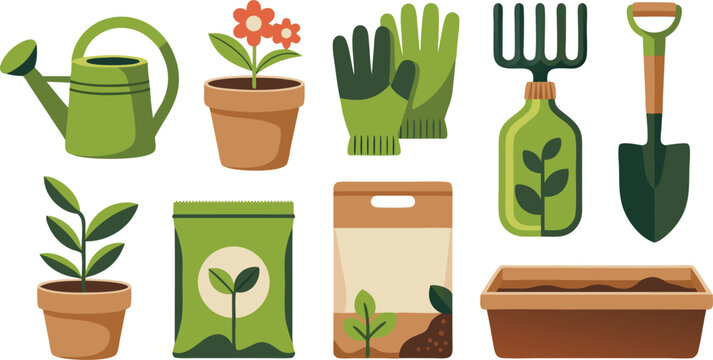 Gardening Tools and Plants Illustration Watering Can, Shovel, Seeds, Flowers, and More - Powered by Adobe