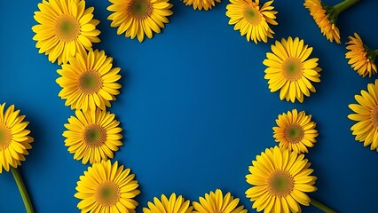 Vibrant yellow gerbera flowers arranged in a circle against a deep blue background.