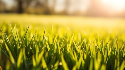 Lush green spring grass field bathed in morning sunlight, evoking freshness.