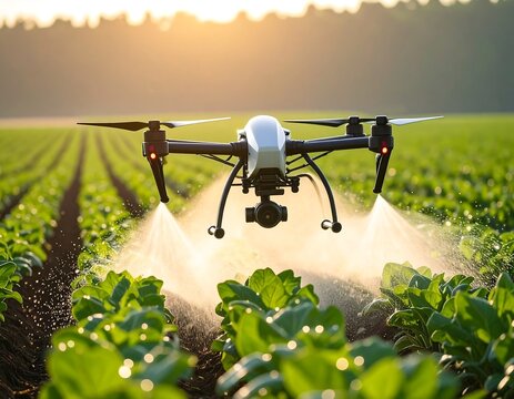 Agricultural drone spraying crops in a green field at sunrise, showcasing smart farming and modern precision agriculture.