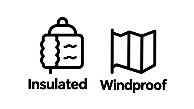 The black icon contains symbols for insulation and wind resistance, representing material properties, and is used for outdoor equipment and clothing product description scenarios.