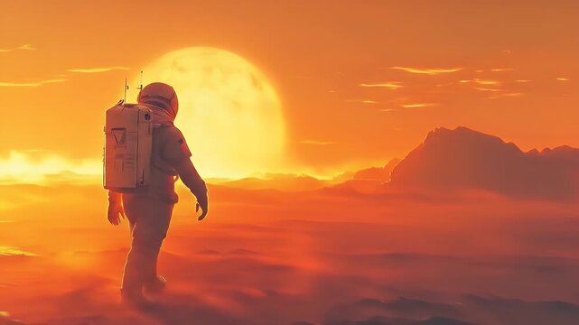 Human colony on Mars habitat simulation. Astronaut exploring a vibrant alien landscape at sunset