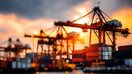 Obraz premium Shipping Cranes and Containers at Sunset