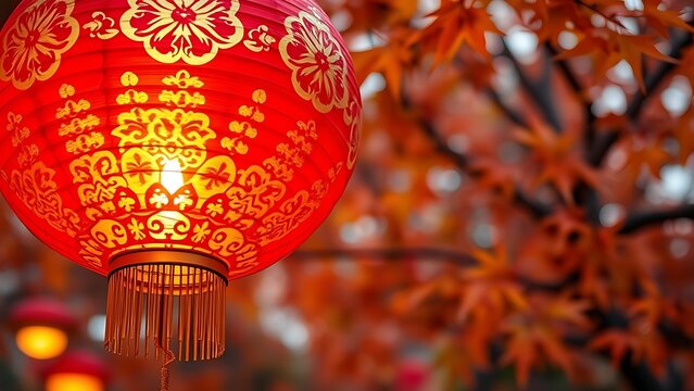 A vibrant red lantern with intricate gold patterns, glowing warmly against a soft backdrop of autumn maple leaves.