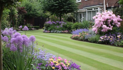 Naklejka premium Manicured Garden with Purple Flowers