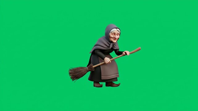 Animated Old Witch Flying on Broomstick with Green Screen Alpha Channel