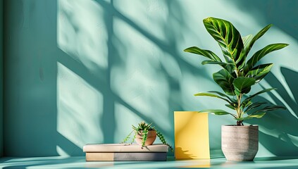 Sunlight streams onto a teal wall, highlighting a plant and books