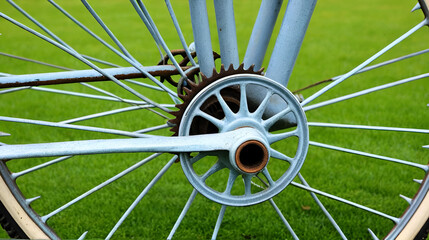 Grey rusted spokes of a antique bicycle.